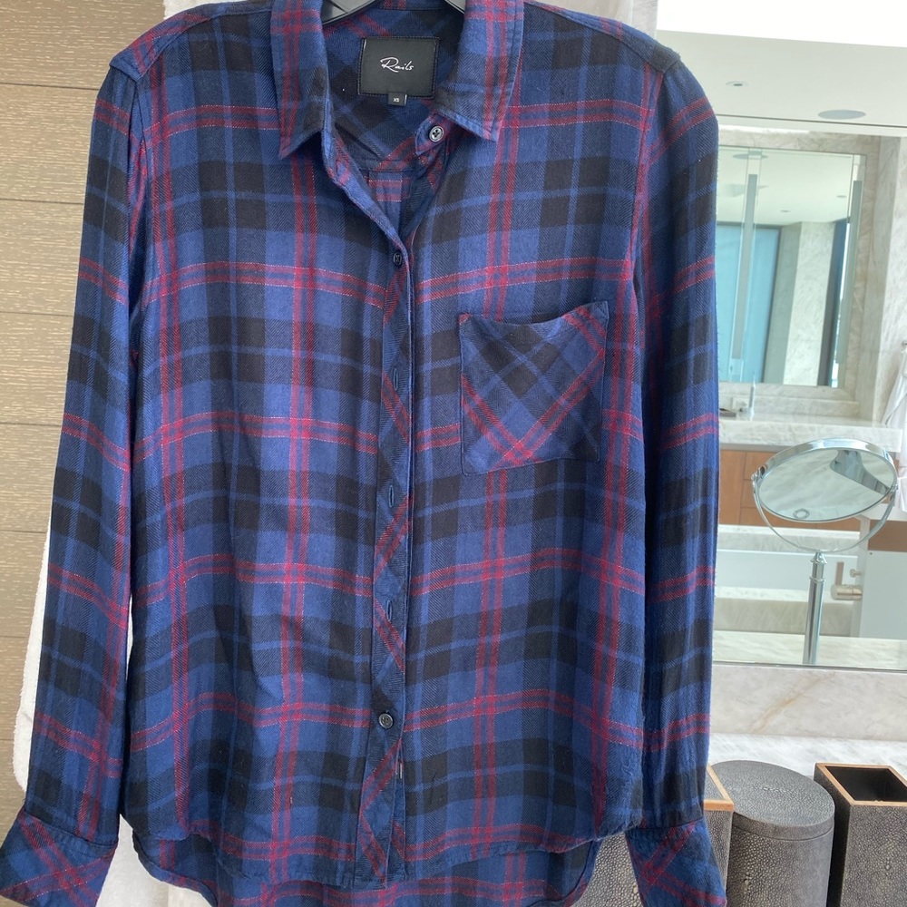 Rails Hunter top - blue long sleeve plaid shirt